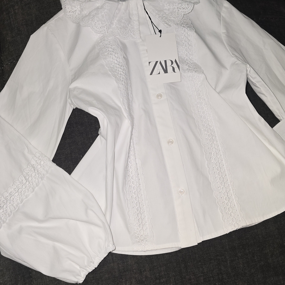 ZARA White Eyelet Lace Collar Button-Up Blouse - Picture 8 of 12